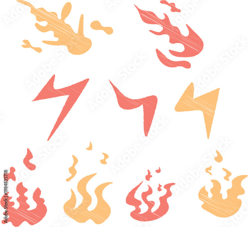 Doodle pencil elements with meteor flame lightning icons.