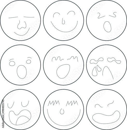 Doodle emoji faces set with mixed emotional expressions