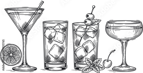Cocktail assortment with garnishes and ice in a detailed pen and ink sketch style