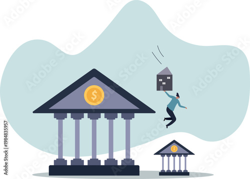 Refinance change mortgage agreement to new bank, replace debt obligation with better interest rate, housing loan or real estate investment.human life and situation.