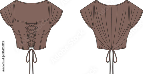 Short sleeve lace up crop top fashion illustration featuring front and back views ruched back tie detail fitted bodice apparel vector design