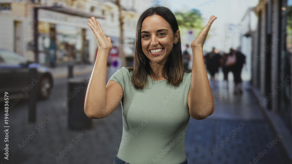 Obraz premium Woman raising hands and laughing on a bustling urban street, green shirt visible, palms and arms shown, blurred storefronts, bollards, a bin and passing pedestrians in frame; joy celebration.