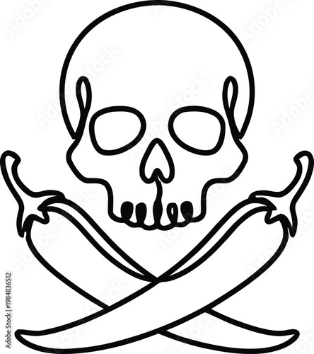 Minimalist One Line Art Spicy Ramen Noodle Bowl with Skull and Chili Peppers Design for Extra Hot Food Branding and Streetwear Apparel Graphic
