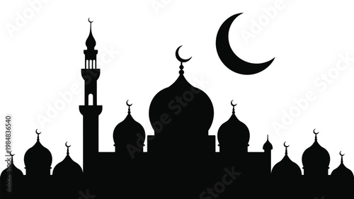 Fotografía Silhouette of a mosque with crescent moon and minarets islamic architecture