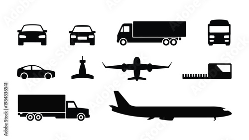 Black silhouettes of various transportation vehicles cars trucks planes and ships