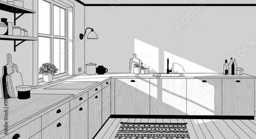 Minimalist Modern Kitchen Countertop And Cabinetry View.