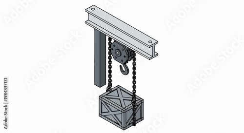 Industrial Isometric Chain Hoist Crane Lifting Cargo Crate Vector Illustration