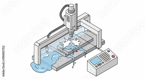 Isometric CNC Waterjet Cutting Machine Illustration with Control Panel and Cooling System for Industrial Manufacturing and Precision Engineering
