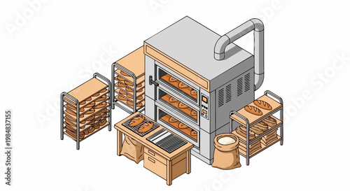 Isometric Industrial Bakery Equipment Illustration with Commercial Oven, Cooling Racks, and Freshly Baked Bread Loaves on White Background