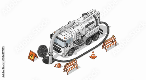 Isometric Vacuum Truck Cleaning Sewer System and Manhole Maintenance