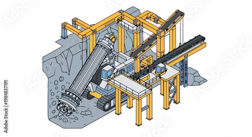 Isometric Industrial Mining Machinery Illustration with Heavy Excavator Drill and Conveyor Belt System
