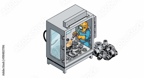 Industrial Sandblasting Cabinet and Worker in Protective Suit Cleaning Metal Parts Isometric Vector Illustration