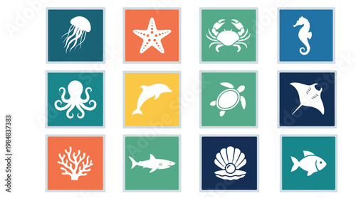 Collection of colorful flat icons representing various marine sea life creatures and ocean elements