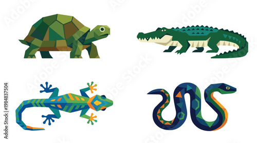 Collection of stylized geometric reptiles including a tortoise, alligator, lizard, and snake on a white background