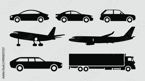 Silhouettes of various transportation vehicles cars planes and a truck