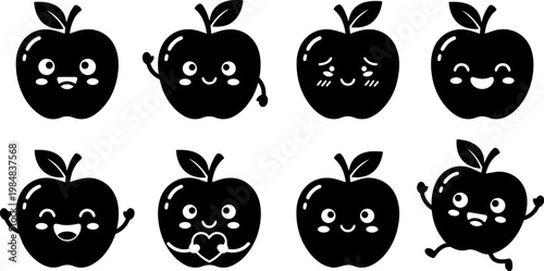 Black and white kawaii apple faces with various expressions line art vector