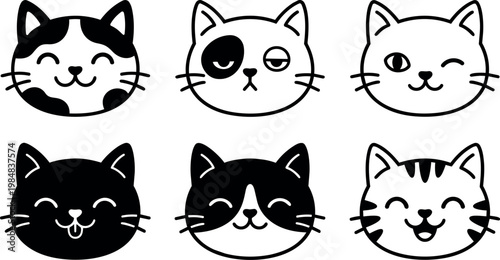 Black and white happy and sleepy cat faces cartoon vector art set