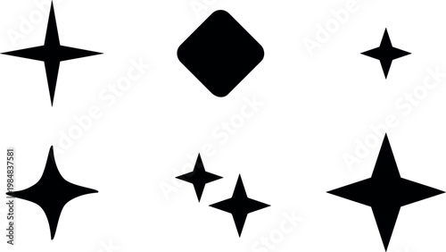 Black shiny star shapes and diamond vector art set
