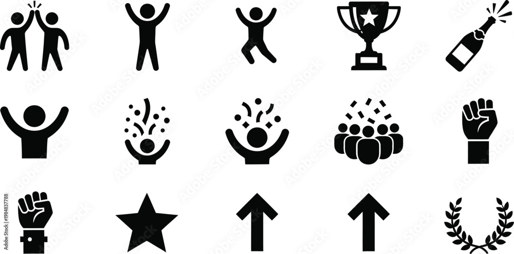 Fototapeta premium Celebration and success icons: trophy champagne confetti fist pump star with celebration, champagne