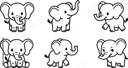 Cute cartoon baby elephants in various poses black and white line art