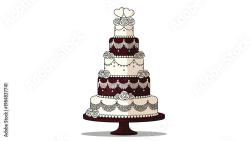 Elegant five tier wedding cake decorated with intricate lace patterns and white roses on a wooden stand for special celebration events.