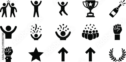 Celebration and success icons: trophy champagne confetti fist pump star with celebration, champagne