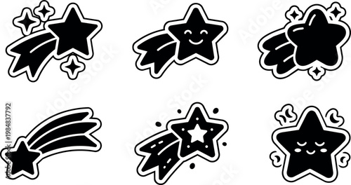 Black and white cartoon style smiling shooting stars set vector art
