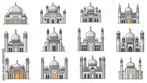 Grid collection of diverse mosque architectural styles shown in detailed vector illustrations for educational and religious purposes.
