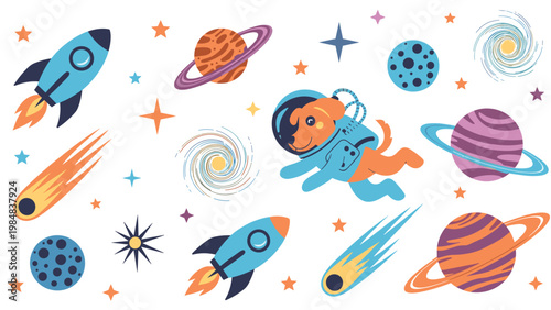 Fun space exploration pattern with a dog astronaut, rockets, planets, stars, and comets on a clean white background for kid's room.