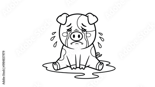 Black and white line art of a sad little pig sitting in a puddle of tears for children to color as part of an emotional learning activity.
