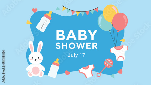 Baby shower invitation template in blue tones featuring a cute bunny, milk bottles, baby clothes, and balloons for a festive event.