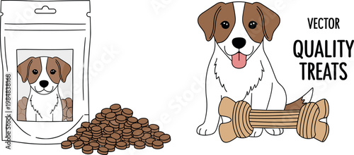 Dog Treats and Pet Food Packaging Vector Set Featuring Cute Puppy Character with Bone Toy and Dry Kibble Food for Pet Shop Branding