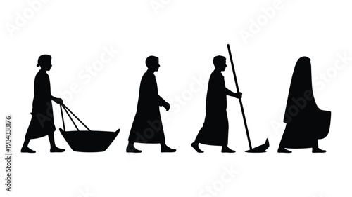 A silhouette of four figures walking in a line each carrying an item