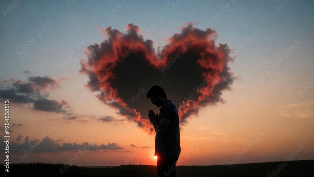 Fototapeta premium Man praying silhouetted before heart cloud at sunset field