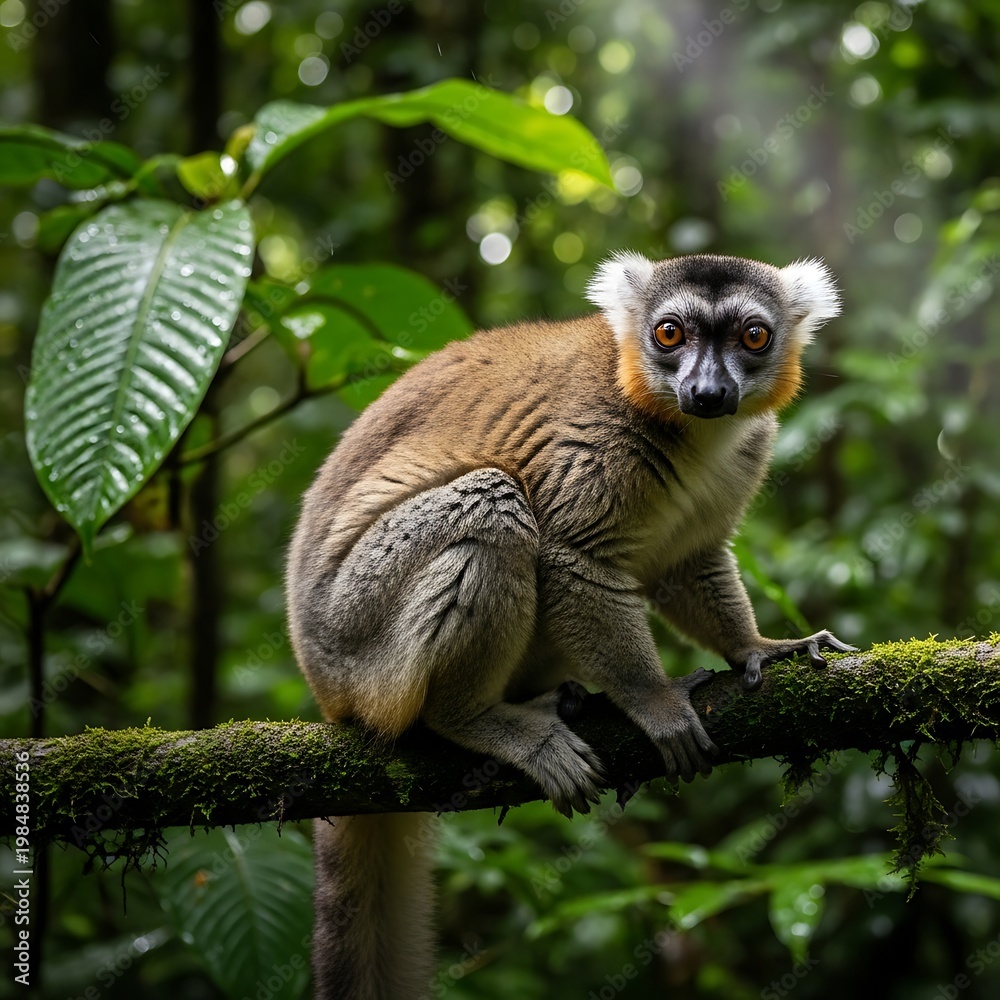Naklejka premium Red-fronted Brown Lemur Perched on Branch in Madagascar Rainforest.