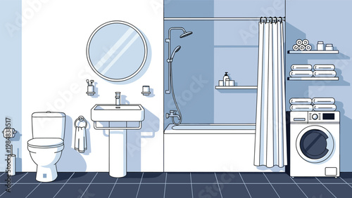Modern bathroom interior design illustrated in blue and white colors featuring a toilet sink bathtub shower and washing machine setup.