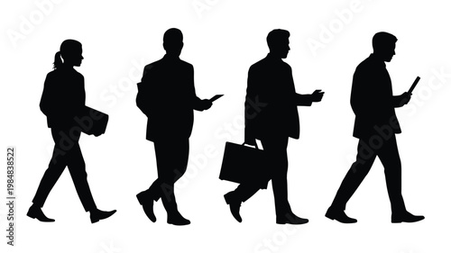 Silhouettes of business people walking and using mobile phones