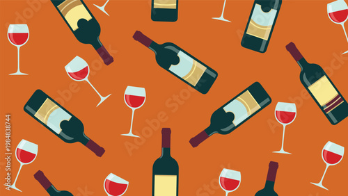 Seamless pattern of red wine bottles and glasses tilted at different angles over a solid orange background for festive celebration themes.