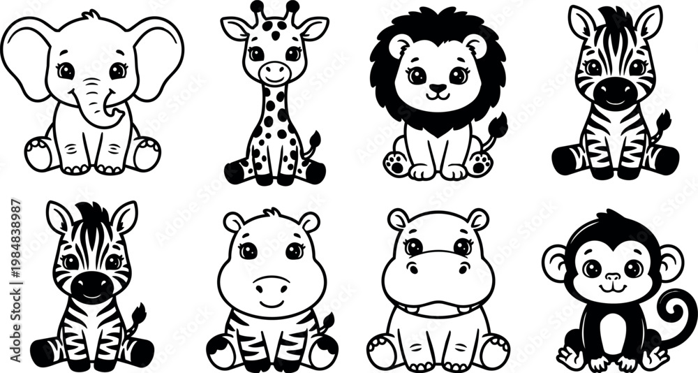 Naklejka premium Cute black and white cartoon baby wild animals sitting vector art