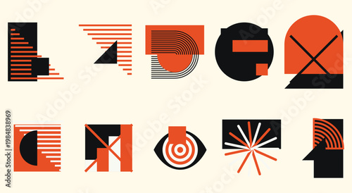 Bauhaus abstract geometric shape vector set. Striped lines, half-circles, intersecting triangles, target eyes, sunbursts, arches. Art form design for wall art, decoration, and wallpaper.