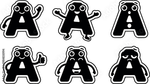 Black letter a cartoon characters with various facial expressions and hand gestures