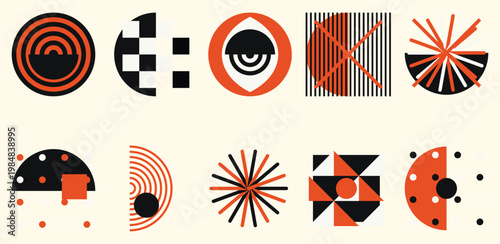 Abstract modernist geometric element bundle. Sunbursts, checkerboards, concentric circles, line grids, dotted half-shapes. For modern apparel graphics, digital art prints. Flat vector illustration.