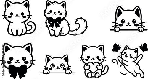 Cute black and white cartoon cats with bows heart and butterflies vector art