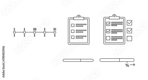 Minimalist Black Line Clipboard Checklist and Ruler Icons.
