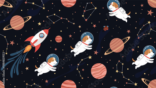 Fun seamless pattern of cute dogs in space suits floating among planets rockets and stars in a dark blue universe for children's decor.