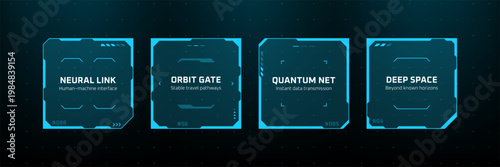 Futuristic HUD interface design with blue digital boxes and technology text labels. Sci-fi control panel elements for virtual user interface. Innovative data visualization for cyberspace.