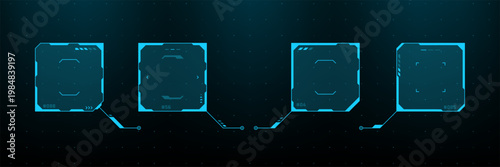 Blue digital interface elements with square data frames. Cybernetic hud vector graphics for sci-fi user screen display. Futuristic technology panel layout for gaming or software design.