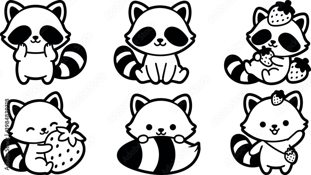 Fototapeta premium Black and white cute raccoon characters holding strawberries and sitting in kawaii style