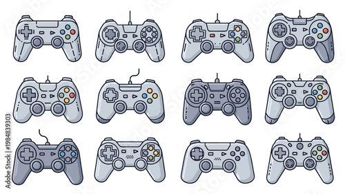 Set of twelve different video game controller icons in grey tones with various button layouts for gaming and technology concepts.