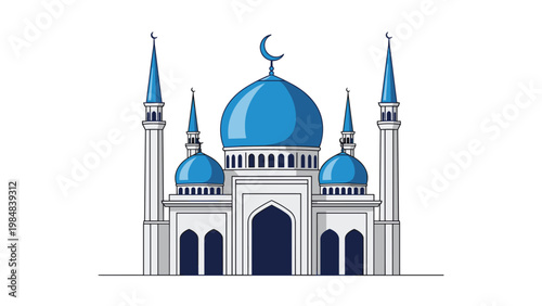 Elegant mosque illustration featuring large blue domes and tall minarets on a white background representing Islamic architecture and culture.